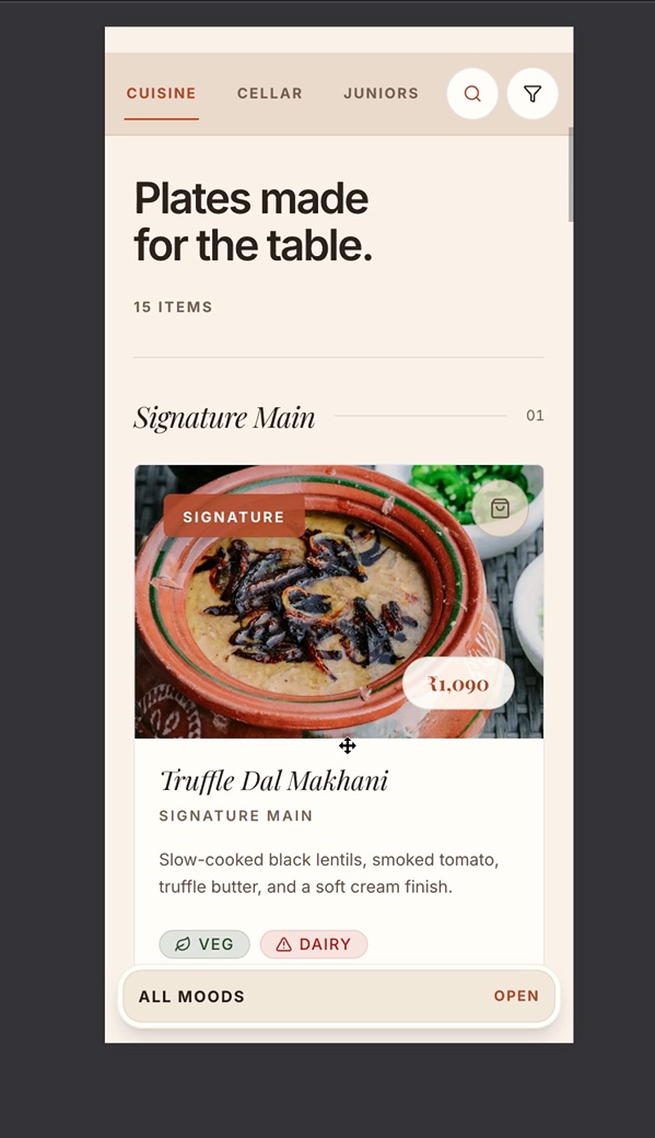 The Zestt restaurant menu from the supplied guest-experience recording